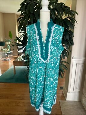 💚Cabana Life Green & White Charleston Paisley Sleeveless Embroidered Dress XL